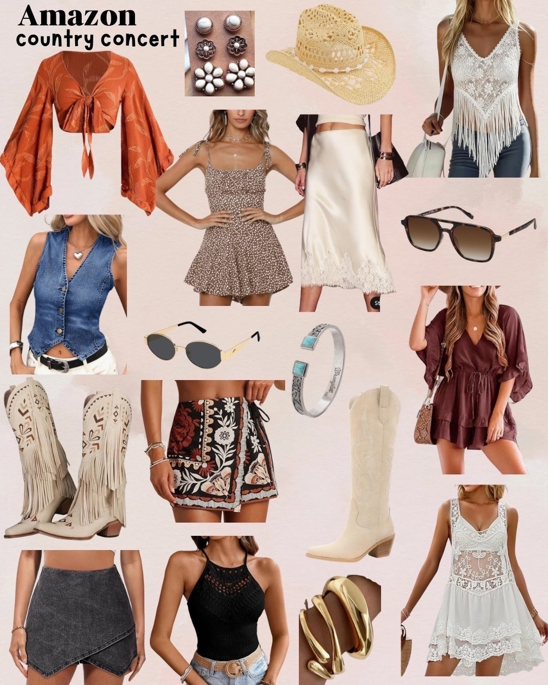 Country concert outfit. Summer country concert style. Cowboy boots. Western style. Summer concert. Summer lace. Romper. Mini skirt. Skirt. Amazon style. Nashville outfit

#LTKTravel #LTKootd #LTKSeasonal