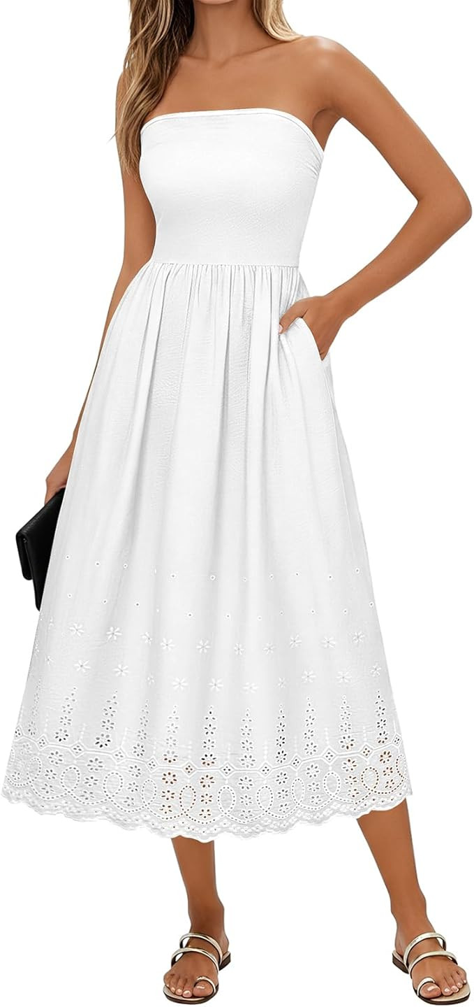 Lazysmile Summer Boho Maxi Dress for Women Strapless Tube Top Lace Trim A Line Beach Casual Long ... | Amazon (US)