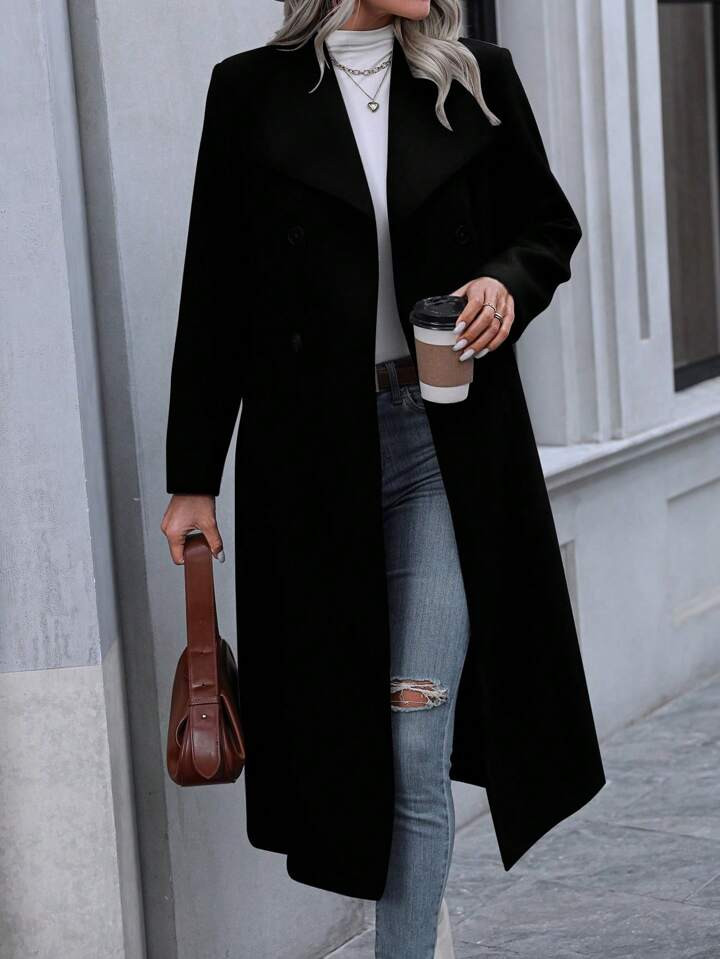 EMERY ROSE Waterfall Collar Double Breasted Overcoat | SHEIN