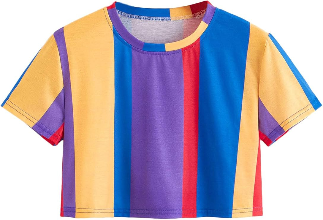 SweatyRocks Women's Short Sleeve Round Neck Colorblock Stripe Tee Shirt Crop Top | Amazon (US)