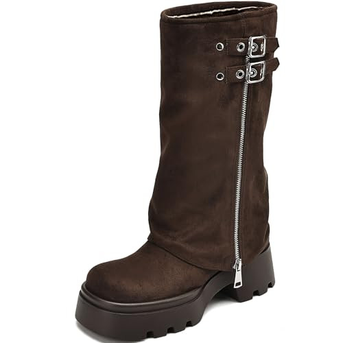 TEAIEUI Suede Brown Knee High Boots for Women Fold Over Knee High Boots Buckle Moto Biker Boots Round Toe Long Boots for Women Suede Brown 8.5 | Amazon (US)