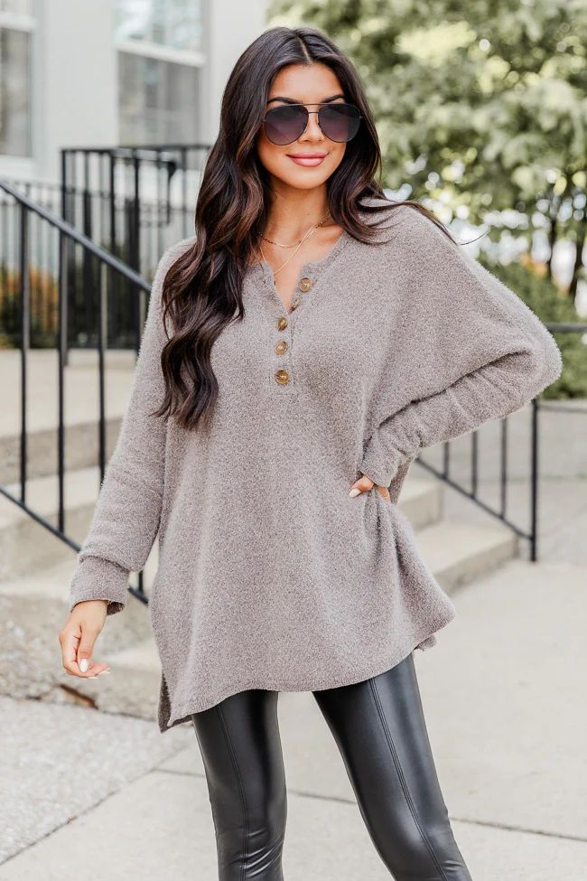 Thinking Of You Taupe  Fuzzy Henley Blouse | Pink Lily