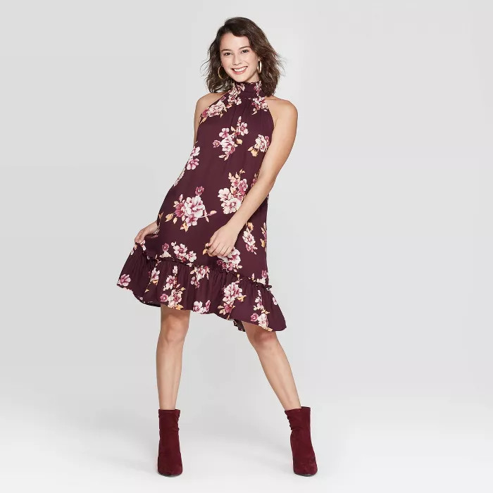 Women's Floral Print Sleeveless High Neck Ruffle Bottom Shift Mini Dress - Xhilaration™ Burgund... | Target