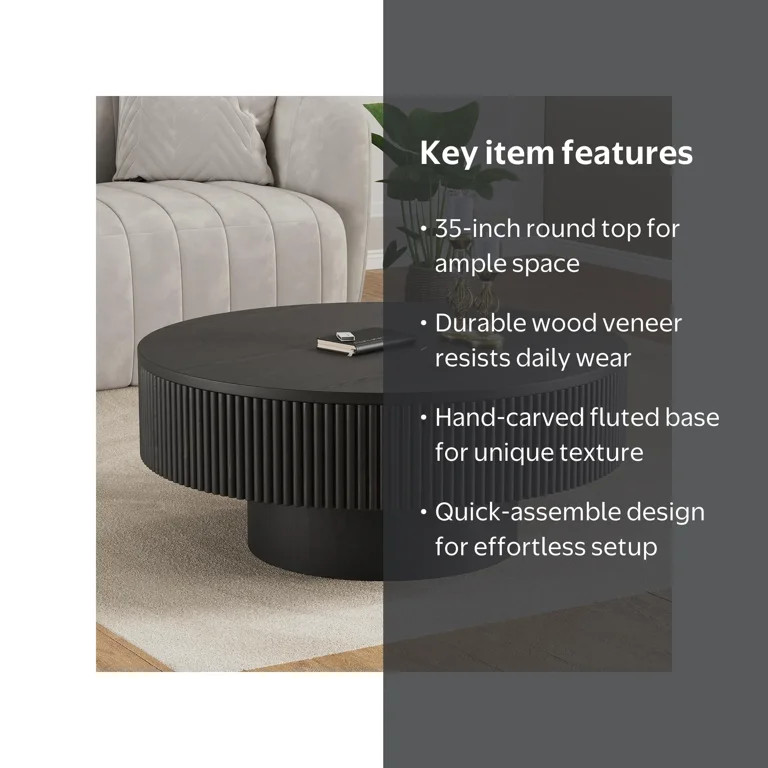 Gelloan 35" Round Fluted Coffee Table, Modern Wood Circle Coffee Table, Veneer Handcrafted Relief... | Walmart (US)