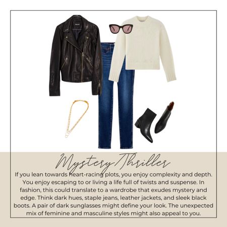 For an outfit that matches your edge and love of heart racing books, you can’t go wrong with a sweater, leather jacket, jeans, ankle boots, and sunglasses. Layered necklaces add a touch of femininity 

#LTKstyletip