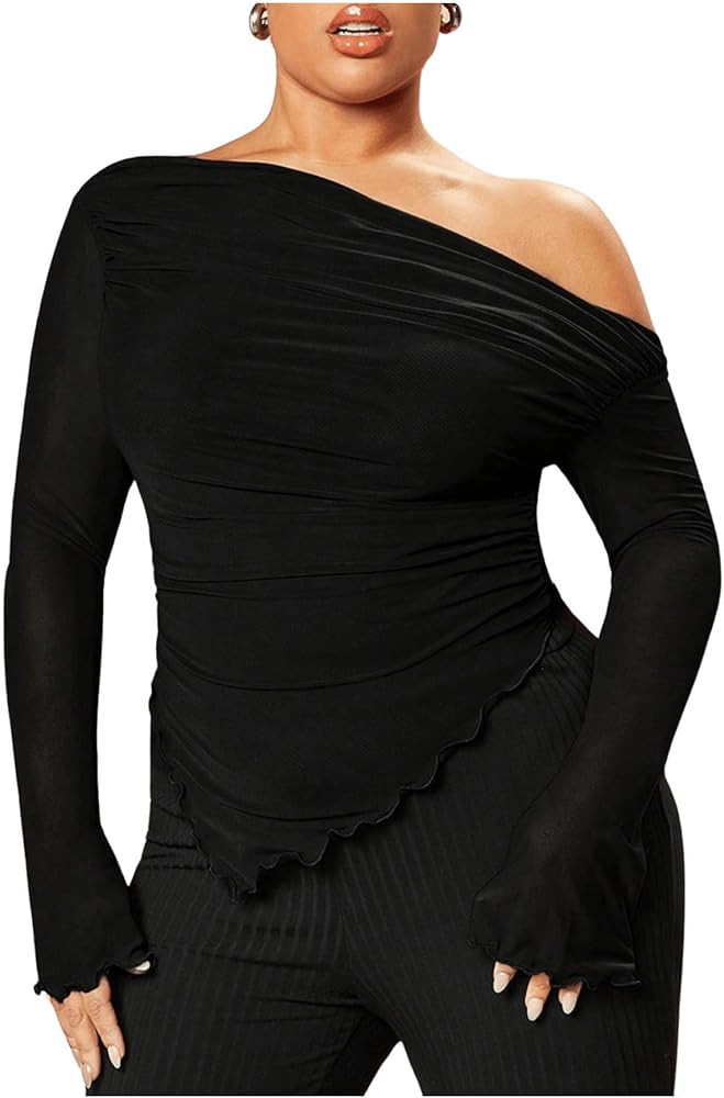 WDIRARA Women's Plus Size Off Shoulder Mesh Ruched Asymmetrical Long Sleeve Tops T Shirt | Amazon (US)