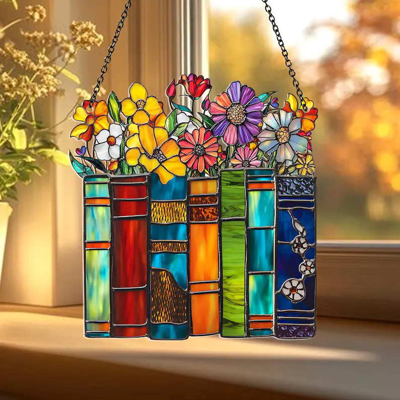 Book Lover Stained Acrylic Suncatcher – Colorful Books & Flowers Window Hanging Decor, Acrylic ... | Etsy (US)