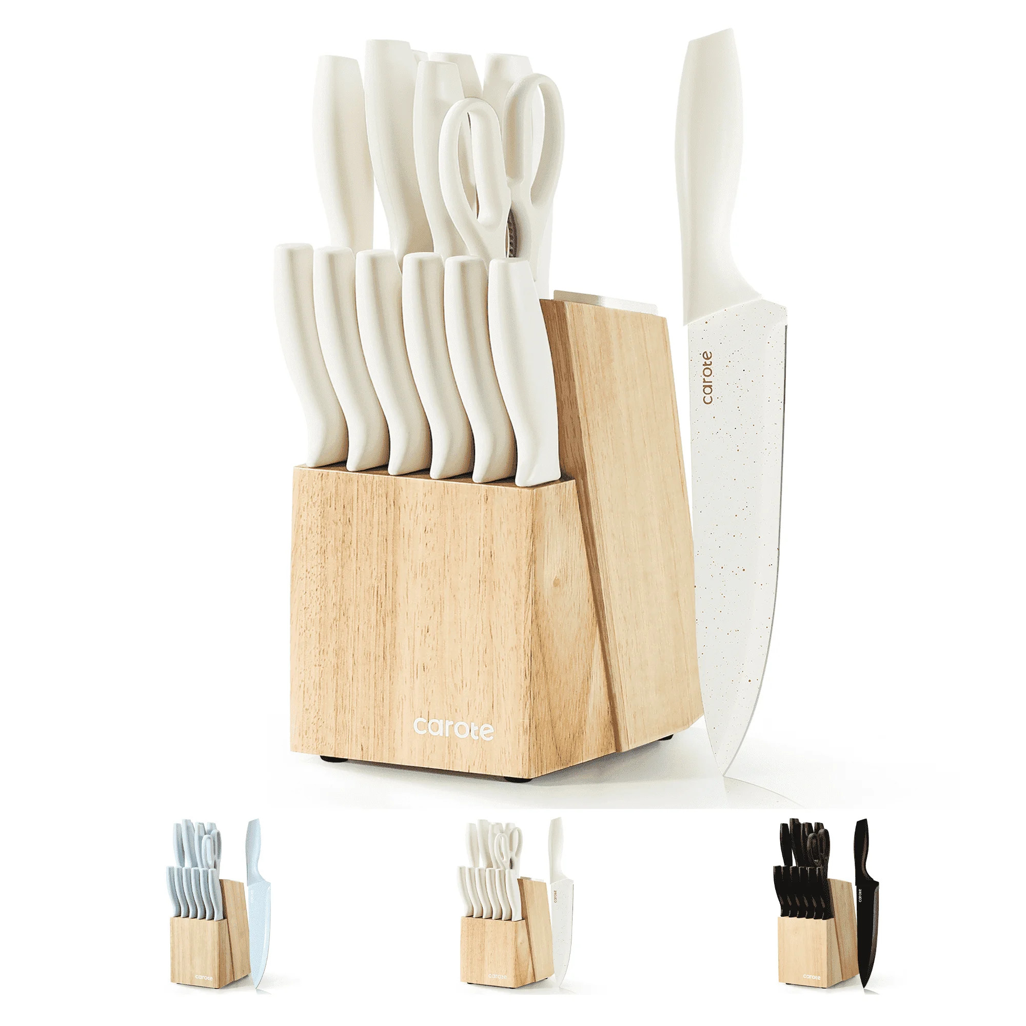 Carote 15-Piece Premium Kitchen Knife Set, White Ceramic-Coated Blades with Stylish Wooden Block | Walmart (US)