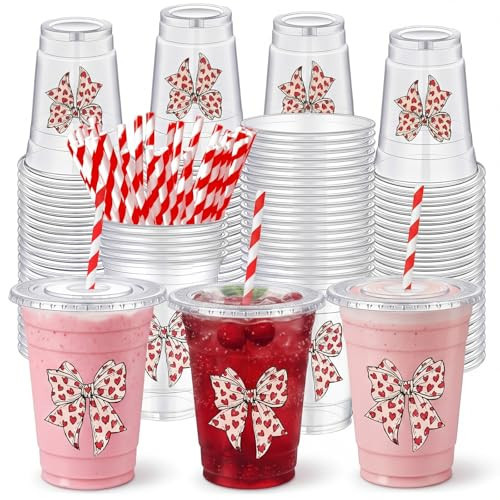 Sliner 50 Pcs 16 oz Valentine Bow Cups with Lid and Straw Coquette Red Heart Bow Galentines Cup Plastic Party Disposable Drinkware for Valentine Galentines Birthday Wedding Baby Shower Party Supplies | Amazon (US)