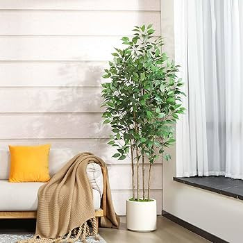 Ficus Artificial Tree 6ft Fake Silk Plant for Home Decor Indoor, Faux Floor Tree in White Imitati... | Amazon (US)