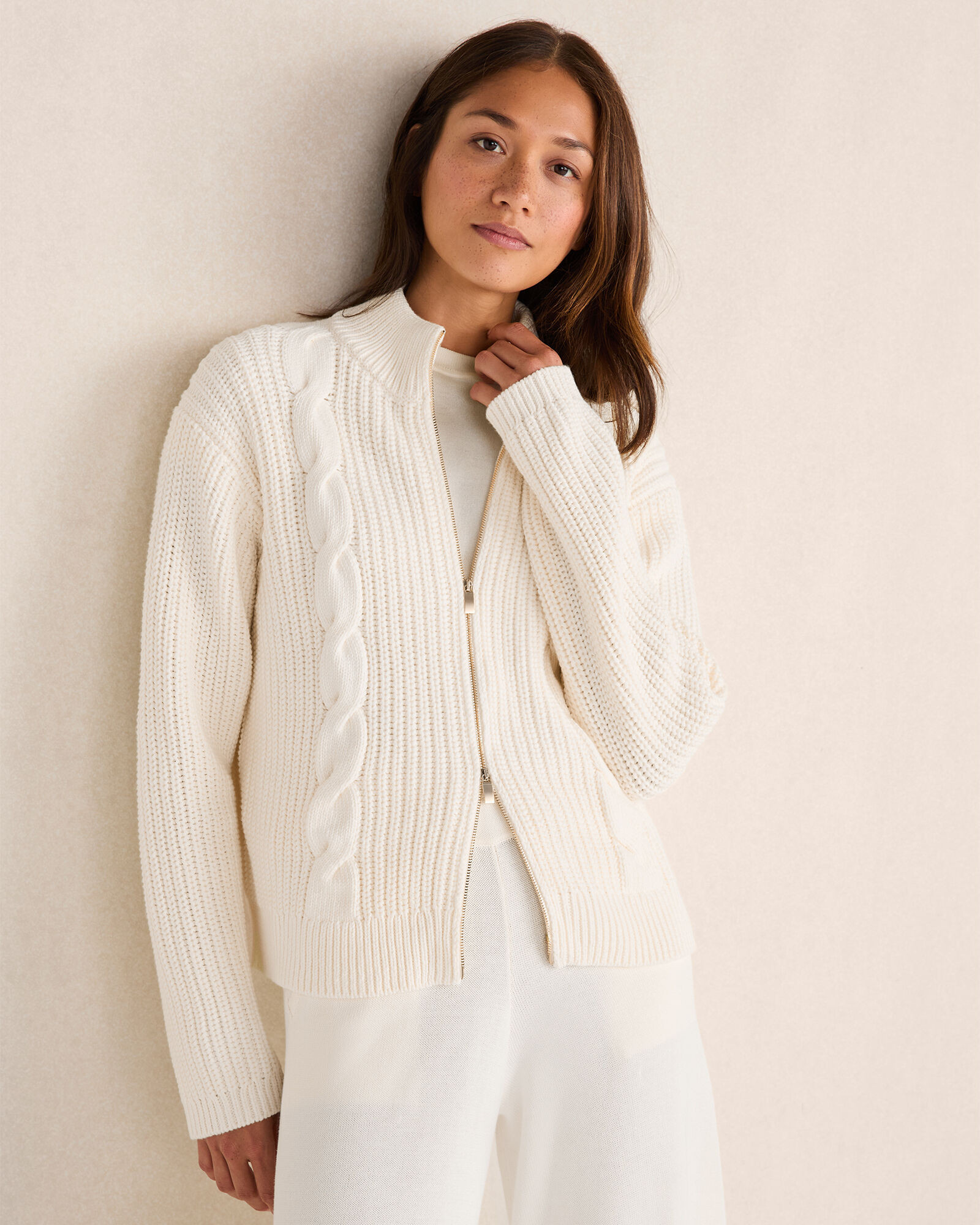 Cotton Mixed Stitch Double-Zip Cardigan | Haven Well Within