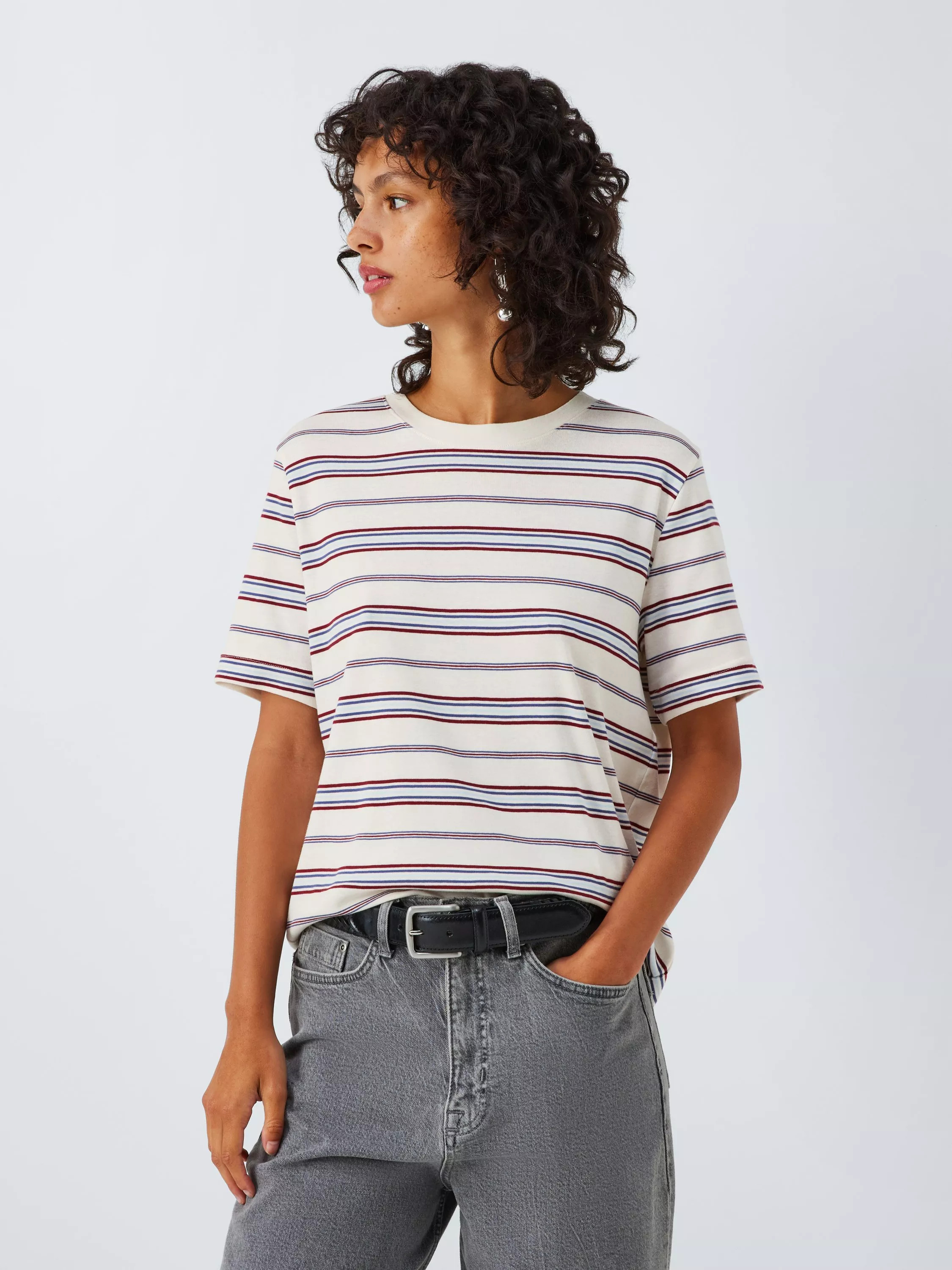 John Lewis Organic Cotton Crew Neck Stripe T-Shirt, White/Multi | John Lewis (UK)