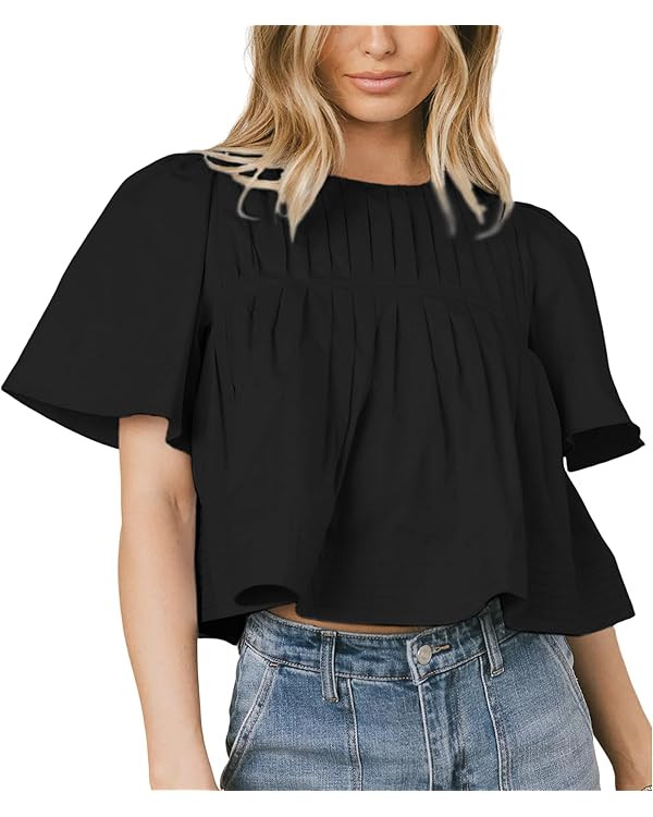 Women's Short Ruffled Sleeve Pleated Tee Shirts Summer Cotton Babydoll Tops with Back Zipper | Amazon (US)