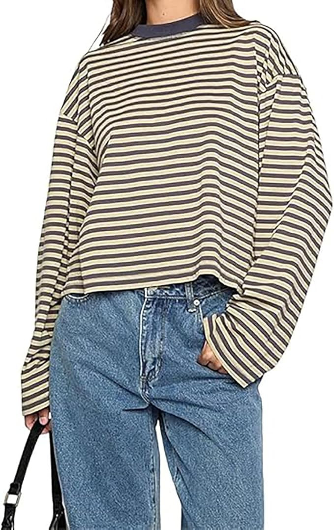 Women Long Sleeve Shirt Crew Neck Drop Shoulder Cropped Striped Sweatshirt Oversized Pullover Gru... | Amazon (US)