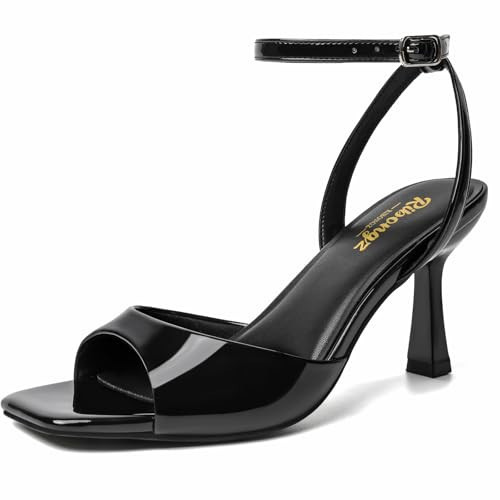 RIBONGZ Black Heels for Women Strappy Kitten Heels Square Open Toe Sandals Stiletto Sexy High Heeled with Ankle Strap Elegant Comfortable Summer Wedding Party Prom Work Daily Wear Dress Shoes 7.5 | Amazon (US)