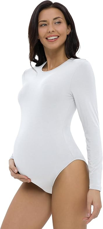 V VOCNI Maternity Bodysuit Crew Neck Long Sleeve Maternity Shirt Tops Jumpsuit Romper Pregnancy S... | Amazon (US)
