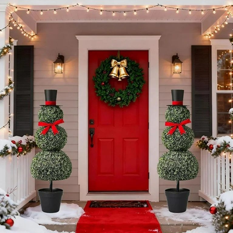 2PCS Christmas Snowman Topiary 30'' Artificial Snowman Shaped Topiary Tree Pot with Red Bow Santa... | Walmart (US)