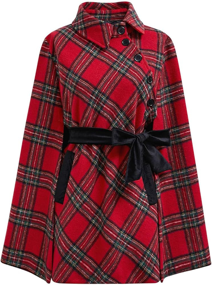CHICWISH Women Plaid Cape Coat Winter Collared Button Wrap Tie Sash Christmas Party Tartan Poncho... | Amazon (US)