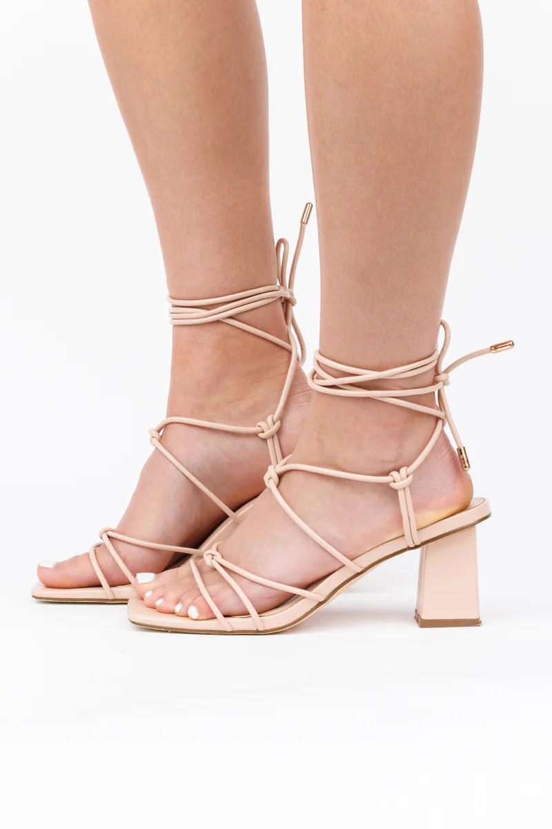 Jolie Lace Up Heels - Nude Strappy Block Heels | Avara