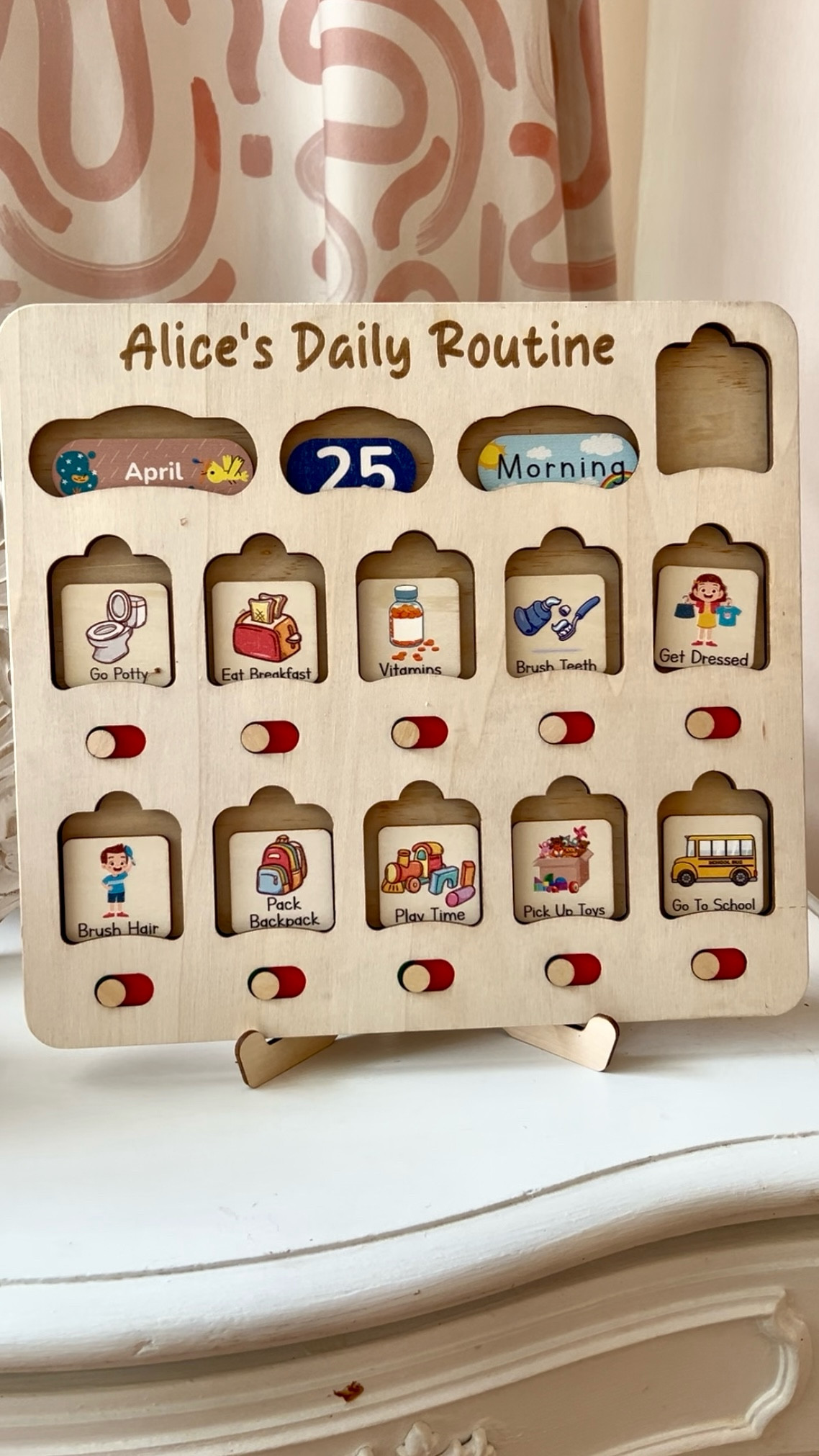 If there’s one thing my toddler thrives on, it’s routine. This personalized wooden daily routine chart is such a fun, visual way for her to *happily* check things off in the morning as we do our best to get out the door on time.

It comes with cards showing months, dates, time of day, holidays, and a wide variety of chores and activities.

#momtok #toddlertok #babytok #morningroutine #toddlermorningroutine #toddlerlife 

#LTKKids #LTKBaby #LTKFamily