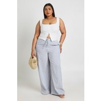 boohoo Women's Plus Stripe Drawstring Wide Leg Trouser in Blue | Size: 18 | Linen/Polyurethane/Woven | boohoo (US & Canada)