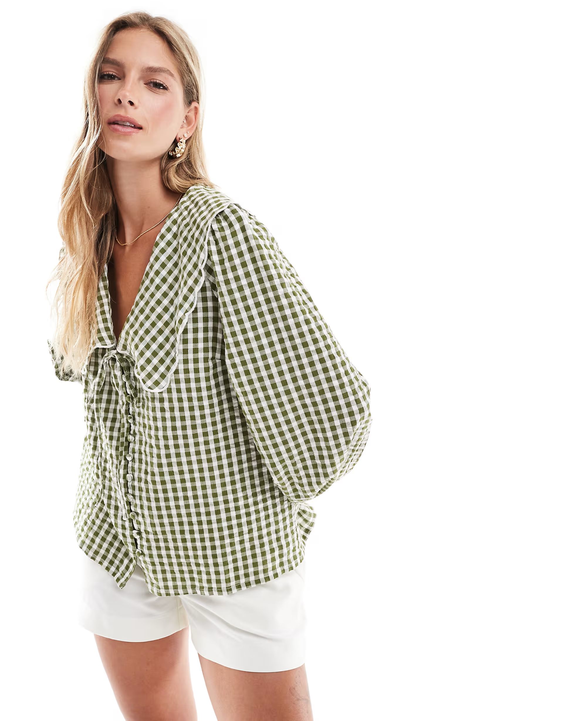 Nobody's Child long sleeve birdie blouse in sage gingham | ASOS (Global)