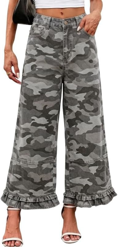 Women Denim Camo Pants Y2k Ruffle Hem Cropped Wide Leg Jeans with Pockets | Amazon (US)