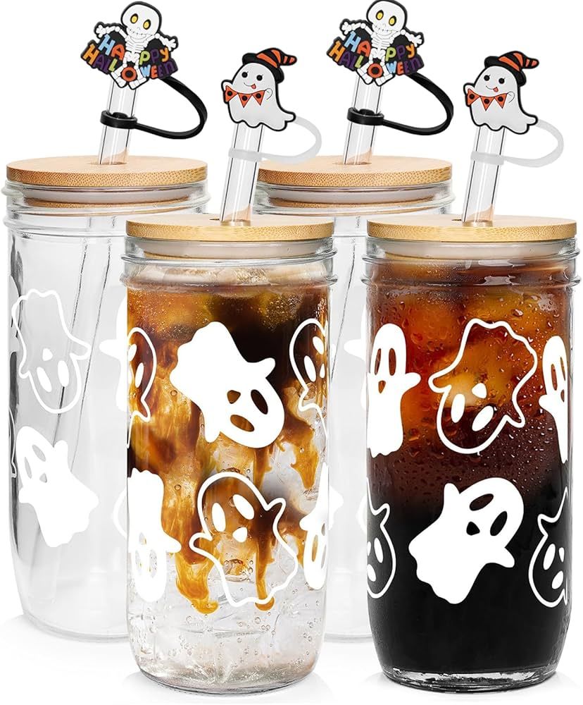 ANOTION Halloween Cups, Ghost Decor 24oz Mug Mason Jar Glass Cups with Lids and Straws Ghost Tumb... | Amazon (US)