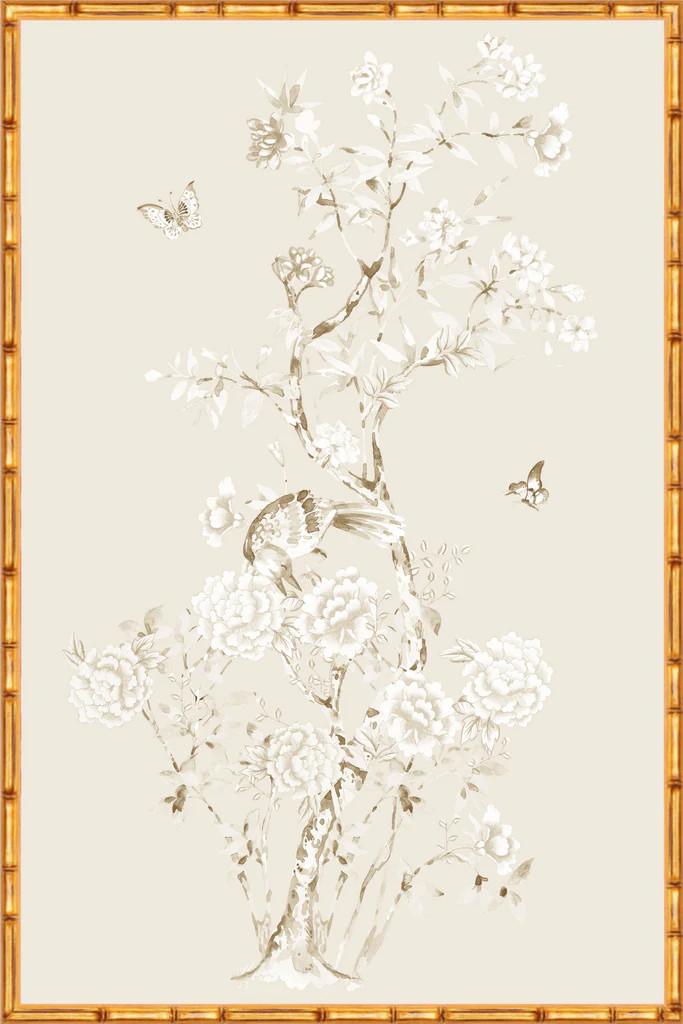 Monochrome "Chinoiserie Garden 3" Framed Panel in "Dune" by Lo Home X Tashi Tsering | Lo Home by Lauren Haskell Designs
