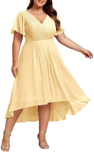 Ever-Pretty Women's Spring Chiffon V-Neck Plus Size Formal Wedding Guest Dress Short Sleeves Cock... | Amazon (US)