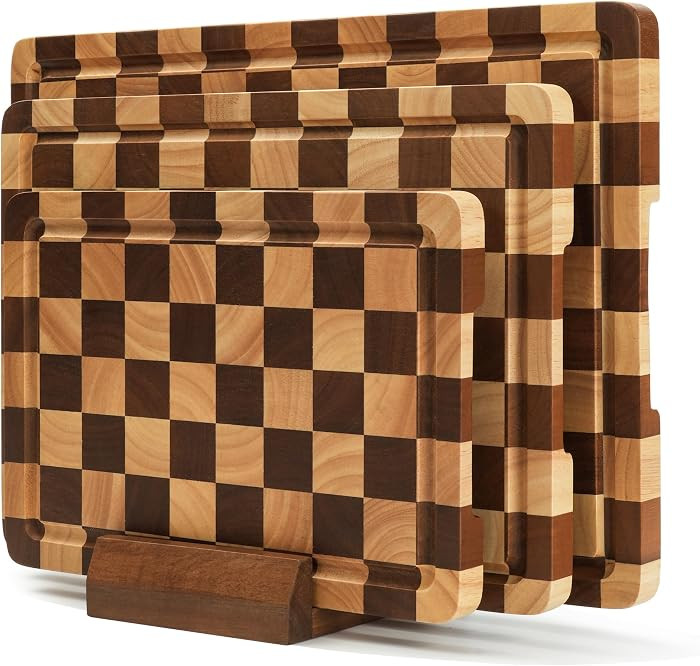 Checkered Cutting Board Set for Kitchen - 3 PCS Wood Checkerboard End Grain Chopping Board with H... | Amazon (US)