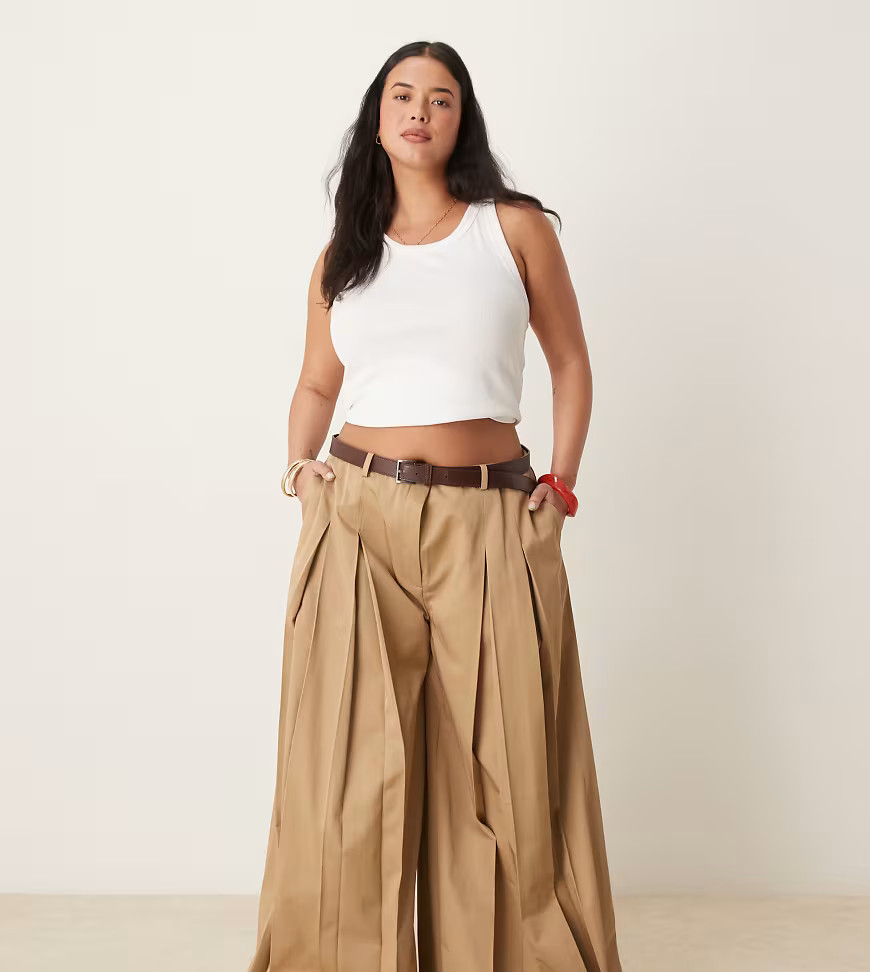 ASOS DESIGN Curve tailored pleated wide leg trousers with belt in stone-Neutral | ASOS (Global)