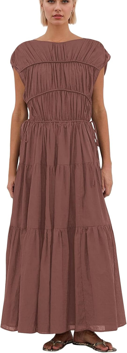 Women Pleated Ruched Tiered Maxi Dress Sleeveless Patchwork Ruffle Hem A Line Flowy Summer Elegant Long Dress | Amazon (US)