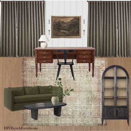 Moody Office Vintage Decor Vintage Furniture Arched Cabinet Writer’s Desk Green Sofa Bench Sofa Curtains Vintage Area Rug Moody Wall Art Black Cabinet Narrow Coffee Table Pottery Lamp Vintage Vase Faux Stems Office Chair Wishbone Chair Candle Wall Sconce Home Decor Amber Lewis Inspired Transitional Home Decor#LTKSale

#LTKhome #LTKunder100