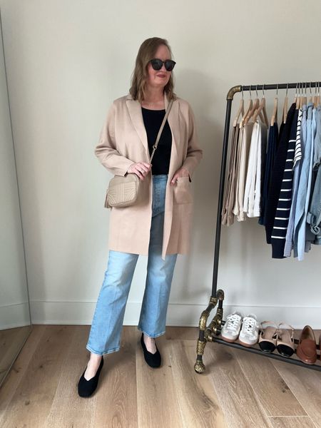 Outfit from my Spring capsule wardrobe 🌷 Long sweater blazer, black square neck tee, light wash jeans, black ballet flats, crossbody bag and jewelry. 

#LTKmidsize