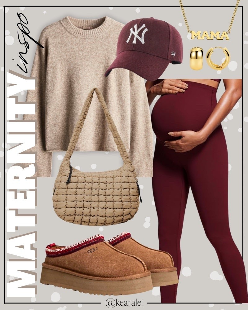 Fall maternity outfits pregnancy outfit idea maternity clothes maroon burgundy red maternity leggings over the bump with oversized tan round neck sweater and ugg tazz platform slippers look alikes maroon baseball hat cap New York Yankees 47 brand hat tan beige camel brown quilted puffer purse  carryall tote bag Amazon fall outfits affordable baby bump style || #maternity #outfits #outfit #cardigan #coatigan #amazon #pinkblush #motherhood #bump #pregnancy #pregnant
.
.
.
baby shower dress, Maternity Dresses, Maternity, over the bump, motherhood maternity, pinkblush, mama shirt sweatshirt pullover, hospital bag, nursery, maternity photos, baby moon, pregnancy, pregnant, maternity leggings, maternity tops, diaper bag, mama necklace, baby boy, baby girl outfits, newborn, mom, 

Amazon fashion, teacher outfits, business casual, casual outfits, neutrals, street style, Midi skirt, Maxi Dress, Swimsuit, Bikini, Travel, skinny Jeans, Puffer Jackets, Concert Outfits, Cocktail Dresses, Sweater dress, Sweaters, cardigans Fleece Pullovers, hoodies, button-downs, Oversized Sweatshirts, Jeans, High Waisted Leggings, dresses, joggers, fall Fashion, winter fashion, leather jacket, Sherpa jackets, Deals, shacket, Plaid Shirt Jackets, apple watch bands, lounge set, Date Night Outfits, Vacation outfits, Mom jeans, shorts, sunglasses, Disney outfits, Romper, jumpsuit, Airport outfits, biker shorts, Weekender bag, plus size fashion, Stanley cup tumbler, Target, Abercrombie and fitch, Amazon, Shein, Nordstrom, H&M, forever 21, forever21, Walmart, asos, Nordstrom rack, Nike, adidas, Vans, Quay, Tarte, Sephora, lululemon, free people, j crew jcrew factory, old navy

#LTKootd #LTKBump #LTKBaby
