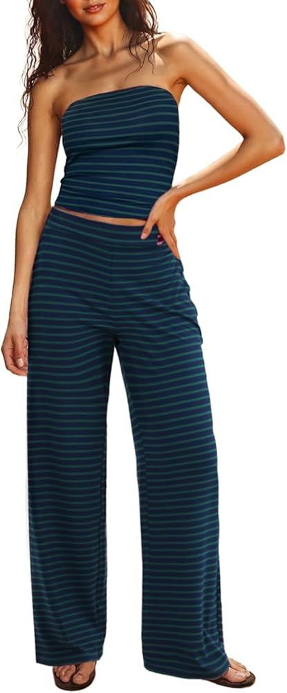 Two Piece Sets For Women Summer Outfits Lounge Sets Striped Tube Top And Pants Matching Sets Beac... | Amazon (US)