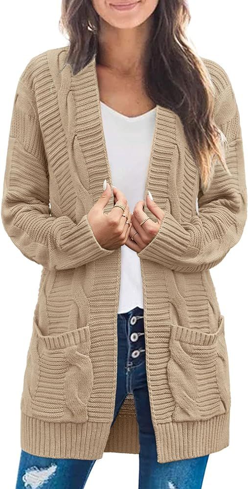 MEROKEETY Women's Long Sleeve Cable Knit Cardigan Sweaters Open Front Fall Outwear Coat | Amazon (US)