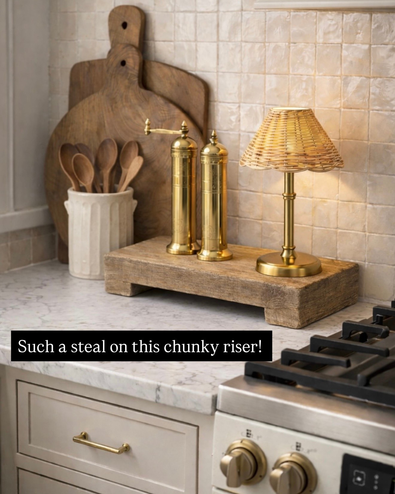 Chunky Kitchen Riser — Such a Steal!

Follow @farmtotablecreations on Instagram for more neutral home inspiration 🤍

This chunky kitchen riser is such a steal and instantly adds warmth and dimension to your countertops. The rustic wood texture brings in that cozy, collected feel while giving everyday essentials a little height and intention. Styled next to the range with brass mills, a petite lamp, and layered cutting boards, it creates the prettiest focal moment without taking up too much space.

It’s functional, timeless, and one of those pieces you’ll move around your kitchen again and again.

#kitchenriser #countertopdecor #kitchendecor #wooddecor #brassdecor #saltandpeppermills #kitchenstyling #neutralhome #ltkhome

#LTKHome #LTKSaleAlert