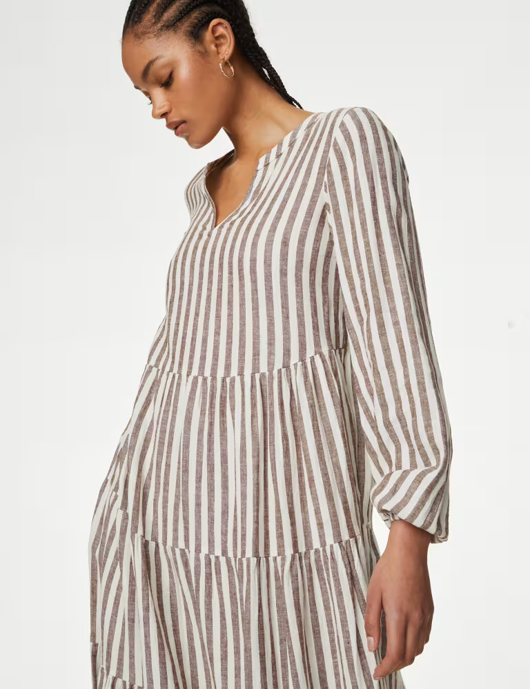 Linen Rich Striped V-Neck Midaxi Tiered Dress | Marks & Spencer (UK)