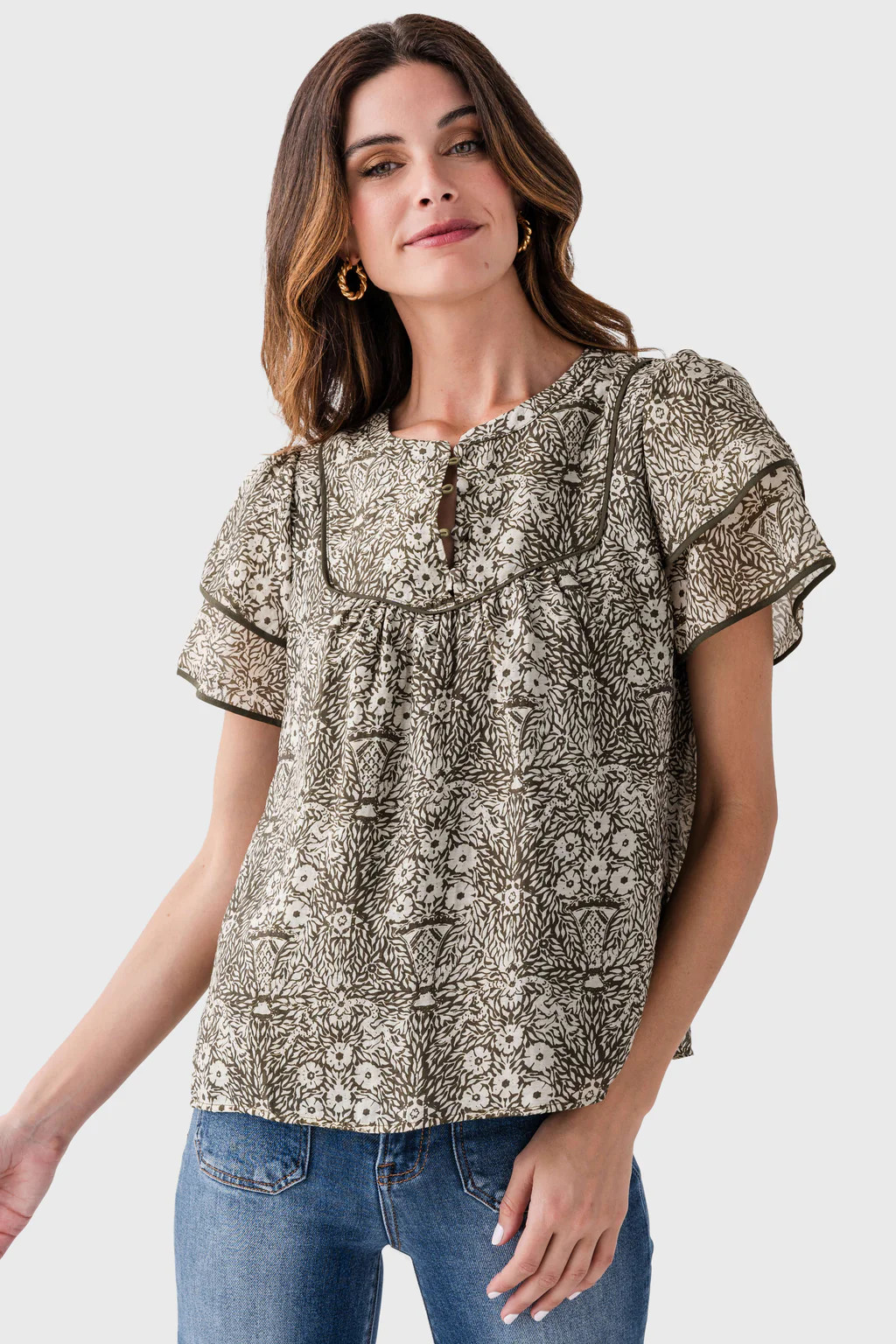 Skies Are Blue Ruffle Sleeve Printed Top | Social Threads