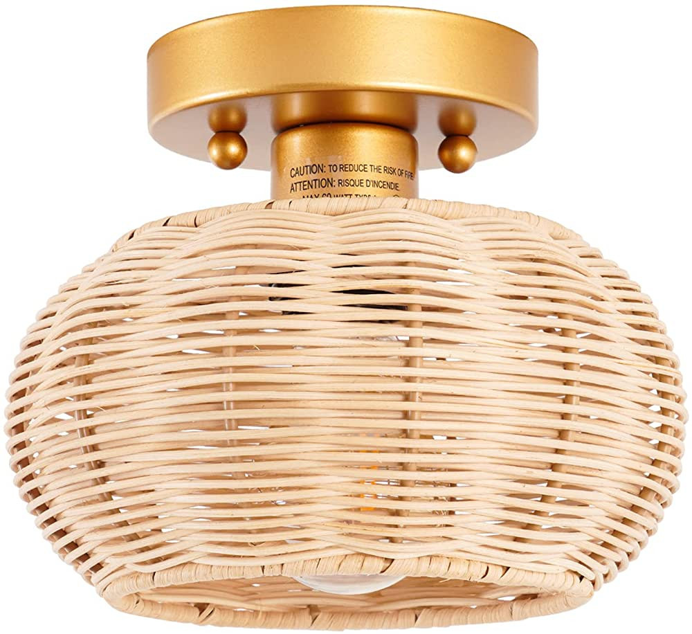MhyTogn Wicker Light Fixture, Woven Rattan Bamboo Brass Finish Globe Flush Mount Ceiling Light fo... | Amazon (US)