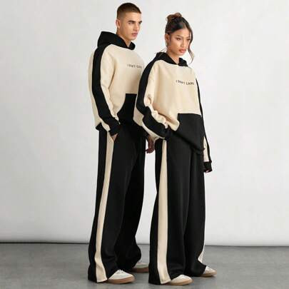 2pcs/Set Unisex Loose Drop Shoulder Hoodie With Drawstring Waist Straight Pants Sweatsuit Set | SHEIN