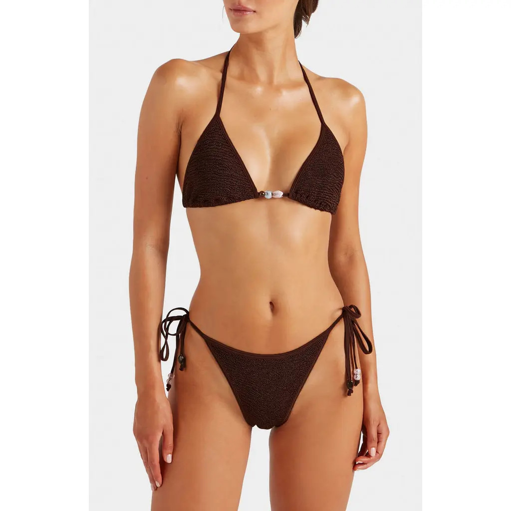 Hunza G Gina Beaded Tie Bikini Bottoms in Metallic Chocolate at Nordstrom | Nordstrom