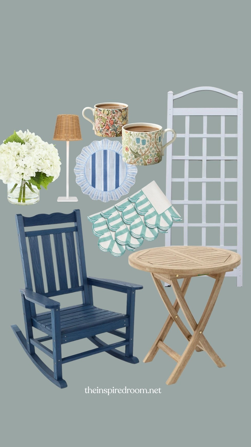 Outdoor items I have and love - navy blue rocking chair, trellis, teak table, scalloped striped napkins and melamine plates, cordless lamp with rattan shade, Spode mugs, realistic faux hydrangeas 

#LTKSaleAlert #LTKHome #LTKSeasonal