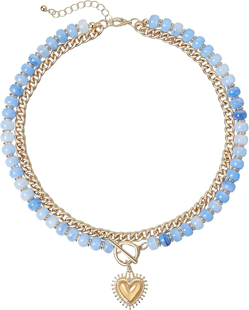Layered Necklaces for Women, 14K Gold Plated Heart Pendant & Colorful Acrylic Beaded Choker, Cute... | Amazon (US)