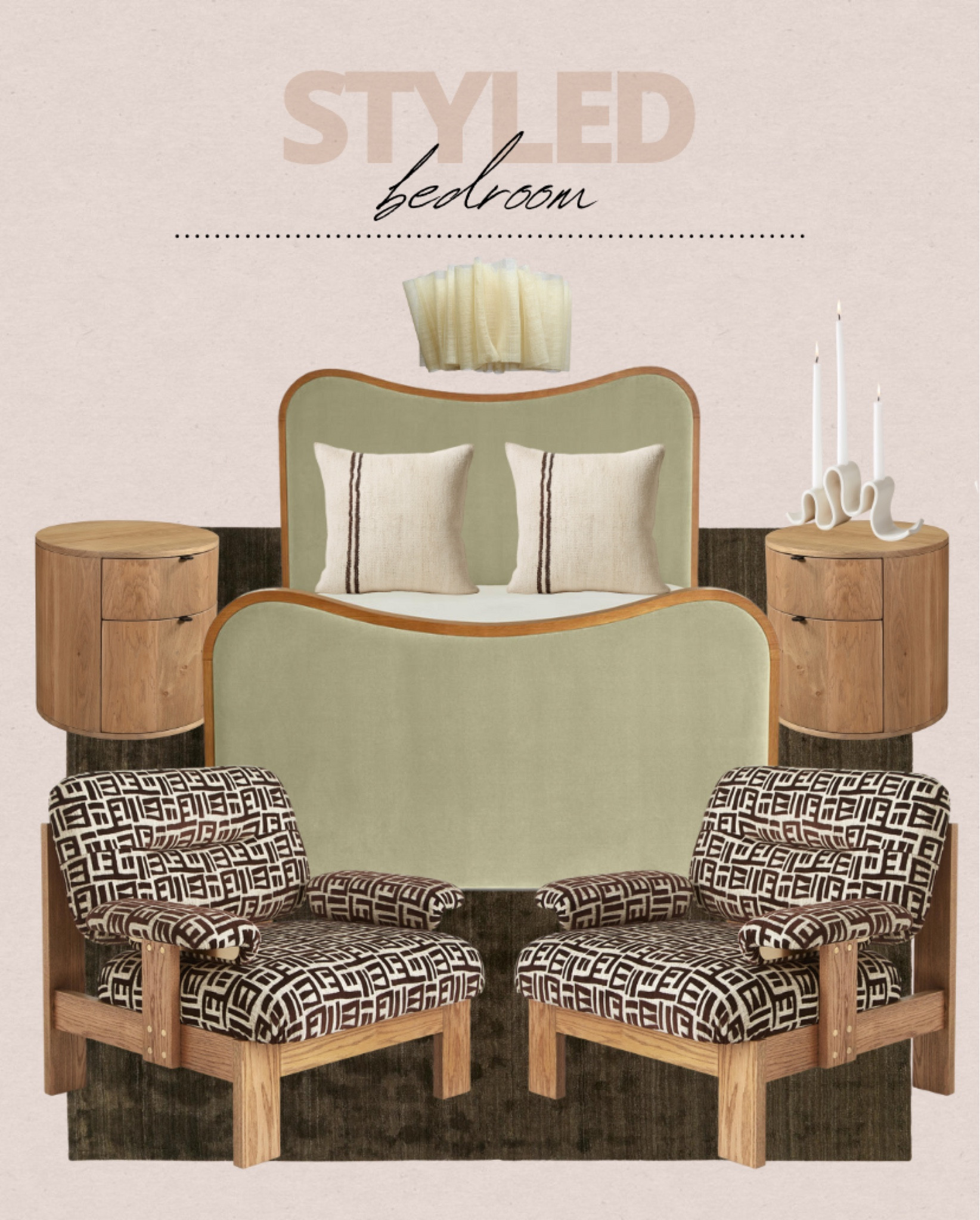 Bedroom Decor // funky furniture, accent chairs, vintage chairs, curved bedframe, green bedroom furniture, linen penant light, minimal nightstands, round nightstands, soho home furniture, pierre frey furniture, cb2 pillows, funky bedroom decor, 70s inspired decor, olive green furniture, green decor

#LTKhome