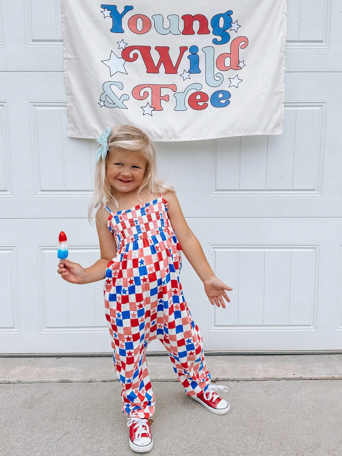 Red, White, Blue & Pink Checkerboard / Organic Smocked Jumpsuit | SpearmintLOVE