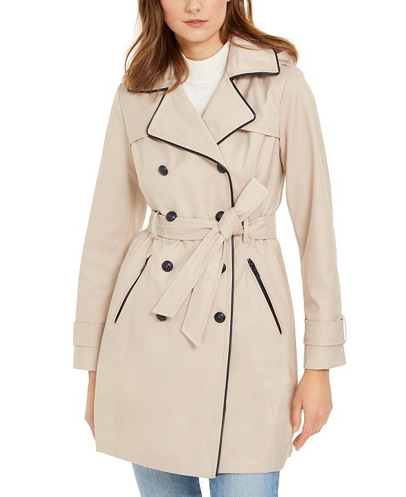 Hooded Faux-Leather-Trim Water-Resistant Double-Breasted Trench Coat | Macys (US)