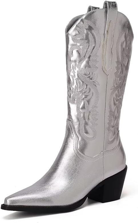 CIERWS Women's Embroidered Western Silver Cowgirl Boots Cowboy Boots Mid Calf Boots Metal PU Medi... | Amazon (US)